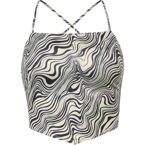 Women Halter Crop Top Sexy Criss Cross Backless Camisole Abstract Striped Shirt