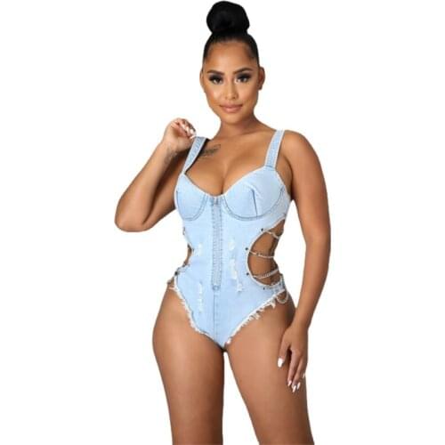 Beach Playsuit Shorts Rompers Strapless Denim Bodysuit Short Romper Sexy Zipper V Collar Sleeve Hollow Out Women Sexy Jumpsuit