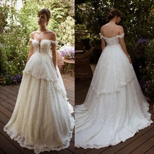 2020 New Elegant Wedding Dresses Off Shoulder Lace A Line Wedding Dress Tiered Ruffles Backless Bridal Gowns