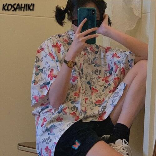 KOSAHIKI Floral Print Womens Tops Blouses Korea Chic Streetwear Vintage Short Sleeve Tops Harajuku Butterfly Blusas All Match