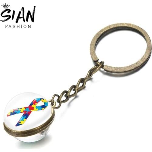 SIAN Autism Awareness Keyrings Hope Colorful Puzzle Pieces Symbol Double Side Round Glass Pendant Key Chain Bag Spread Love Kids
