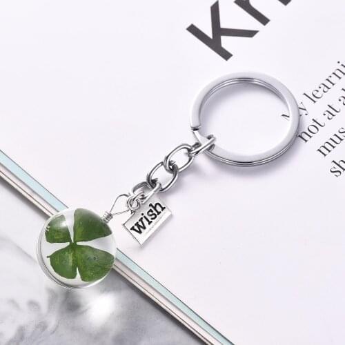 Four-leaf clover key ring crystal glass clover dried flower keychain pendant jewelry gift free shipping