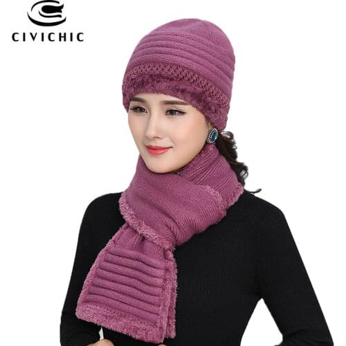 CIVICHIC Old Bonnet Warm Set Crochet Hat Scarf with Velvet Woman Knit Headwear Thicken Cap Grandma Gift Twist Fleece Shawl SH161
