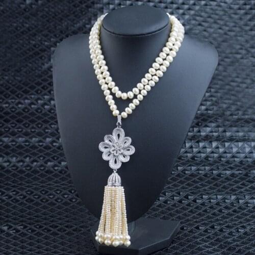 Flower Pendant Long Necklace Freshwater Pearl Long Sweater Necklace Silver Plated Micro Zircon Pendant Vintage Pearl Jewelry