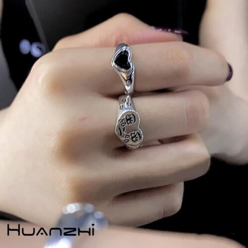 HUANZHI 2020 New Vintage Black Heart Sad Face Tibetan Silver Open Adjustable Metal Finger Rings for Women Girls Party Jewelry