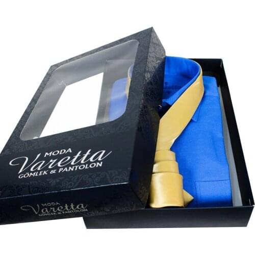 Customized gift for men Long Sleeve mens shirt Solid blue Shirt and tie men gift set valentine gift for men gift box by Varetta