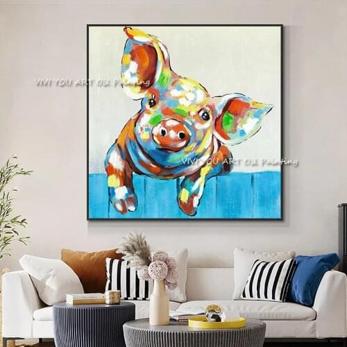 The Pig Colorful Cute Animal Handmade Canvas Painting Modern Artwork Pictures Thick Oil Wall Art for Home Decoration Best Gift