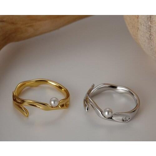 1 pc Genuine 925 Sterling Silver Wave Pattern Open Rings with Small Pearl Irregular Shape Pleated Adjustable Ring for Women