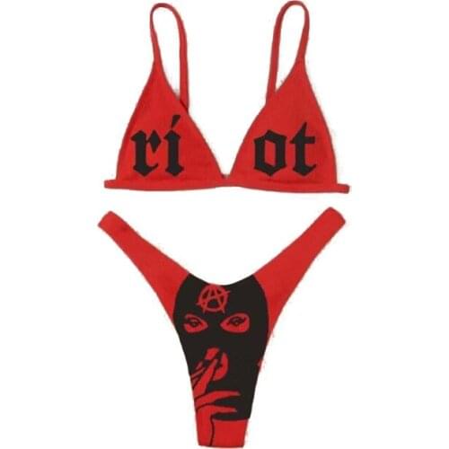 Women’s Funny Printed 2Pcs Bikini Suit, Deep V-neck Detachable Breast Pad Sling Tops with Triangle Bottoms