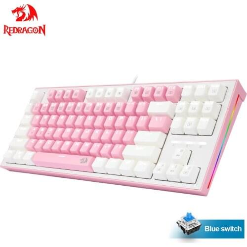 REDRAGON BES K611 USB Pink White Mechanical Gaming Keyboard Blue Switch Led Backlit 87 Keys Computer PC Gamer