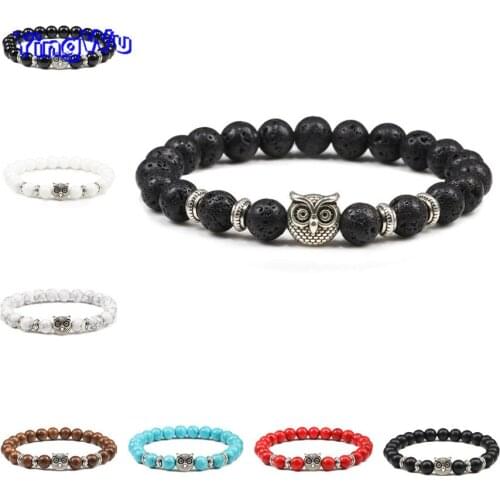 Natural Fashion Bracelet Black Lava Matte Stone Owl Buddha Bead Men Bracelets Bangles for Women Charm Yoga Jewelry Gift