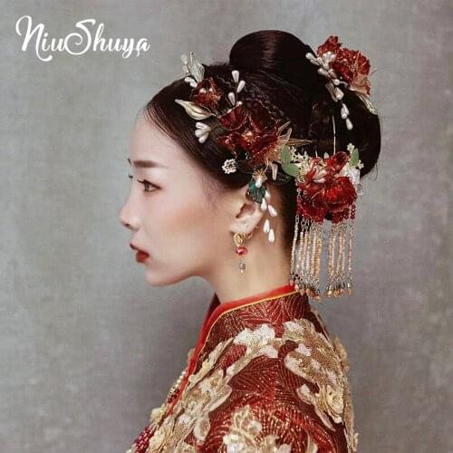 NiuShuya Vintage Crystal Rhinestone Bridal Barrettes Red Flower Headdress Crystal Brides Headpieces Wedding Hair Accessory