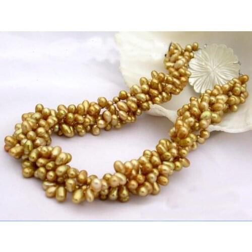 New Arriver 4Strands 17inches 6-8mm Champagne Freshwater Cultured Pearl Necklace,Perfect Women Chirstmas Gift Pearl Jewellery