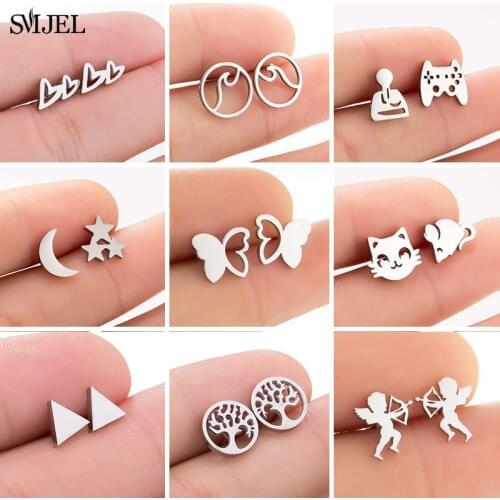 New Earrings 2021 Fashion Stainless Steel Wave Round Triangle Tree Mouse Earrings Small Heart Studs pendientes de pajaros