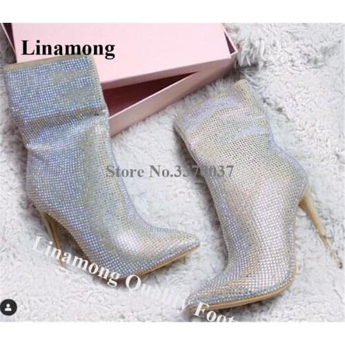 Linamong Charming Bling Bling Pointed Toe Stiletto Heel Short Boots Silver Crystal Side Zipper-up High Heel Ankle Booties Heels
