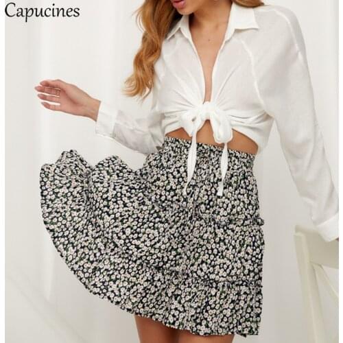 Capucines Sexy High Waist Ruffles Print Skirts Womens Summer A line Boho Beach Holiday Casual Mini Skirt faldas mujer moda 2020
