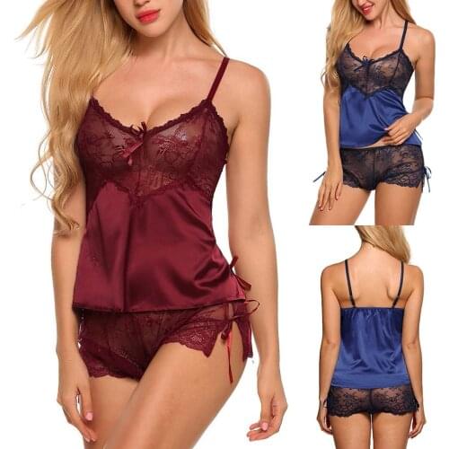 Transparent Sexy Women Lingerie Lace Pijama Nightwear Satin Erotic Sleepwear Camisole Short Sets Pajamas Lenceria Sensual Mujer