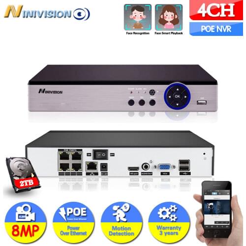4CH NVR POE 4K Surveillance CCTV NVR 48V POE For H.265 IP Camera P2P ONVIF 8MP Network Video Recorder