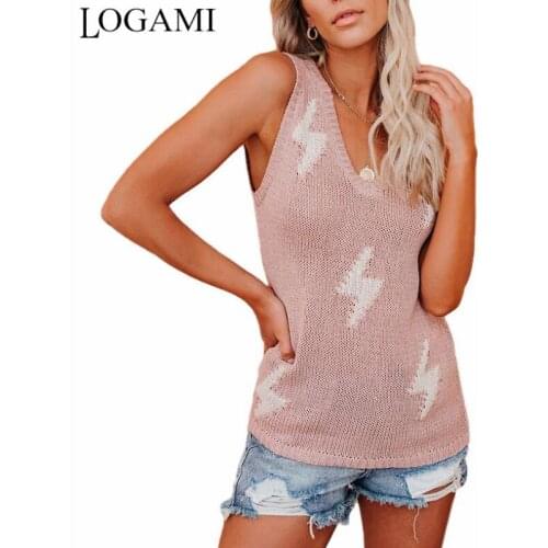 LOGAMI Geometric Knitting Sweater Vest for Women Sleeveless V Neck Pullover Woman Thin Sweaters Beach Wear
