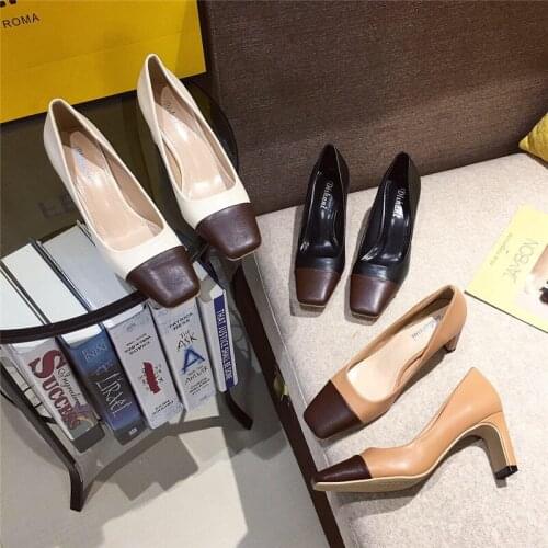 Bailamos Women Sandal Brand Leather Pumps Designer OL Dress Office Shoes Mixed Color High Heels Woman pumps Square Toe Zapatos M