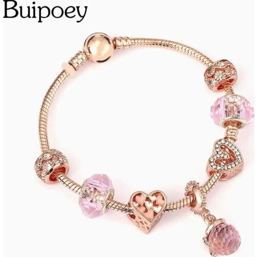 Buipoey Rose Gold Crystal Ball Dangle Butterfly Charm Bracelets For Women Pink Heart Bead Bracelet Couple Friends Birthday Gift