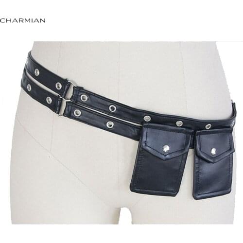 Charmian Womens Steampunk Black Faux Leather Pouch Belt Pocket Elastic Waist Belt Corset Costume Accessories