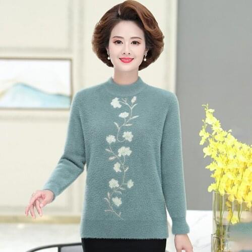 Imitation Mink Embroidery Flower Autumn Winter Sweater Women Pullovers Warm Mother Soft Thick Knitted Female Turtleneck Jumper