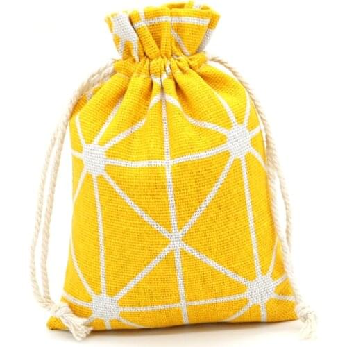 10pcs/lot 10x14cm White Line Printed Yellow Linen Bags Drawstring Cotton Bags Pouches for Candy Beads Jewelry Packaging Pouches