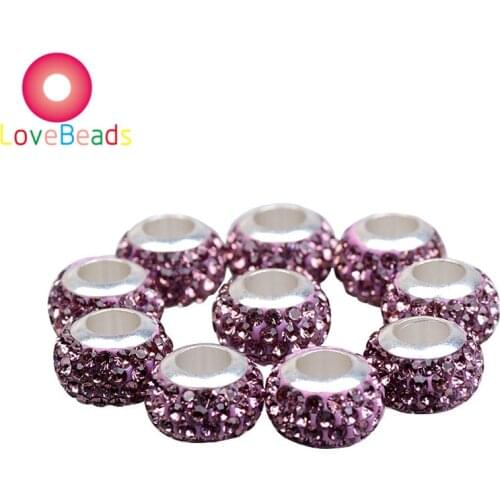 20pcs Big Hole Rhinestone Beads Silver Plated Brass Core Rondelle Beads Crystal Glass Spacer Fit Pandora Charms Bracelet Jewelry