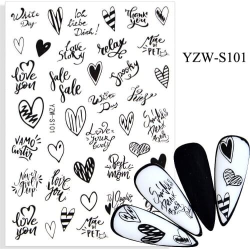 3D Stickers for Nails Self-adhesive Black Love Heart Line Nail Art Decorations English Letter Sticker Nail Foil Accessories