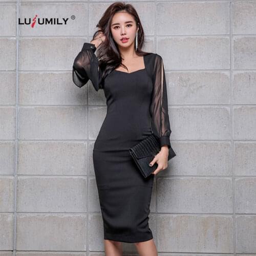 Lusumily Black Elegant Office Dresses Womens Long Sleeve Patchwork Mesh Sexy Dress Evening Party Dresses Pencil Ruffled Hem