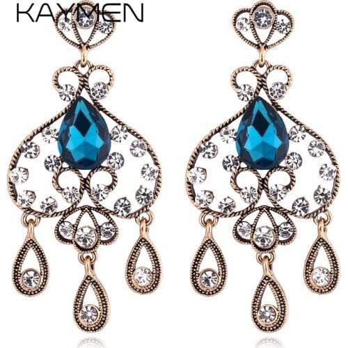 KAYMEN New Fashion Womens Drop-water Shape Vintage Earrings Inlaid Rhinestones Antique-Golden Statement Drop Dangle Earrings