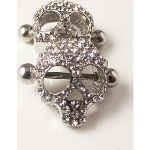 2 piece 14G 1.6mm Punk Rock Crystal Nipple Ring Shield Rings Body Piercing Jewelry Skull Head Barbell Rings Women