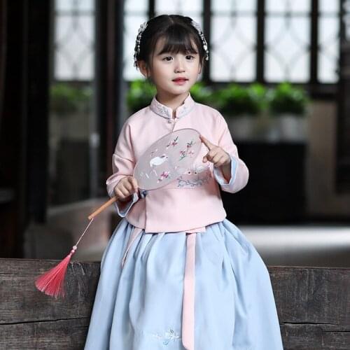 Girls Chinese National Style Sets Embroidery T-Shirt Skirt 2PCS Suit Children Traditional Tang Dynasty Girl Princess Clothes