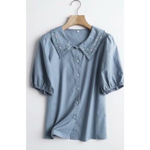 Embroidery summer white shirt women peter pan collar short sleeve floral shirt blouse ladies blue shirt blouse
