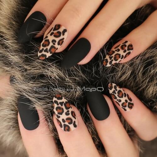Matte Black almond Leopard print fasle nails Scrub Burgundy Tiger nude fake nail stiletto 24pcs full sets faux ongles