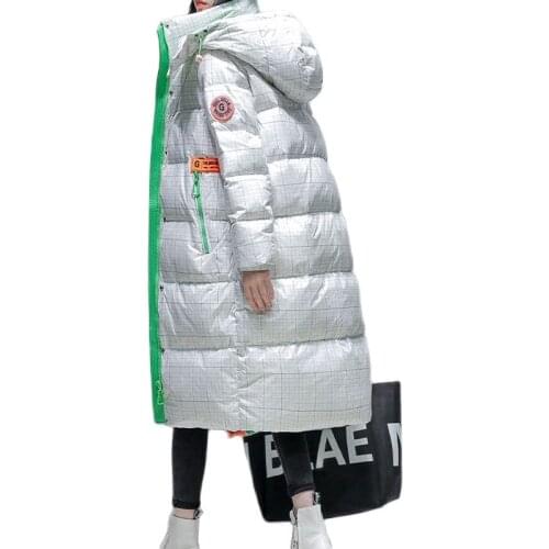 Fashion Long Down Jacket Women Slim Hooded Zipper New 2021 Winter Thick Warm Outerwear Female Bling White Down Coat Parkas Mujer