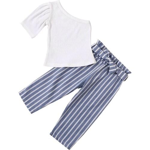 2-7Y Toddler Baby Girls Clothes Sets Short Sleeve One Shoulder Tops+Blue Striped Pants 2pcs Outfits