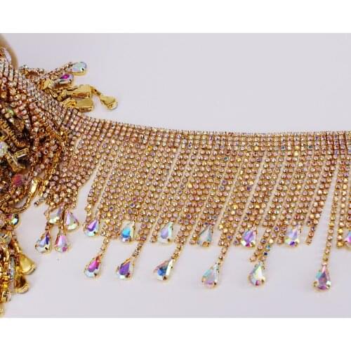 Sew On Trimming Metal Crystal Tassels Applique Strass Ribbon Banding DIY Crafts AB Glitter Clear Glass Rhinestone Chain Fringe