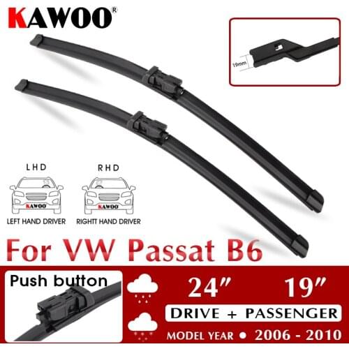 KAWOO Auto Car Rubber Windcreen Wipers Blades 24" + 19" For Volkswagen Passat B6 2006 2007 2008 2009 2010 Fit Push Button Arm