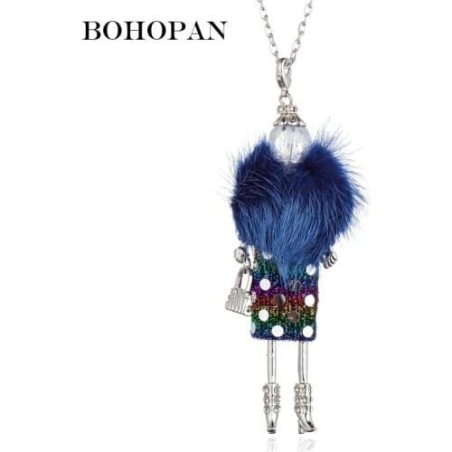 Luxury Doll Necklace Women Girl Colorful Fur Shiny Skirt Silver Handbag Figure Pendant Necklace Crystal Statement Collier Femme