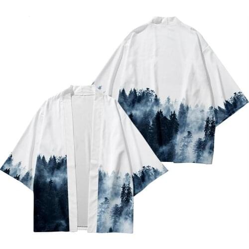 European and American Large Size Shirt Kimono Cardigan Loose Large Size Smoke Extended Forest Printed Mens Coat