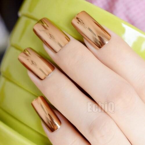 Champagne Mirror Nails Artificial Fake Nails Metallic Reflective Long Square False Nails 20pcs/set Full Nail Tips