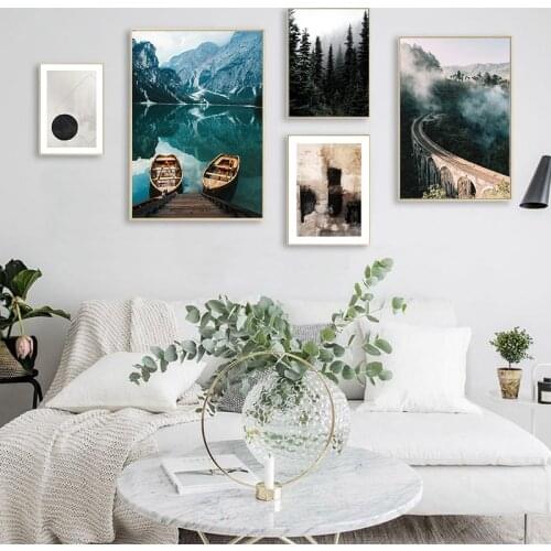 Scandinavian Nature Landscape Poster Nordic Style Print Mountain Lake Boat Wall Art Picture Painting Modern Living Room Decor