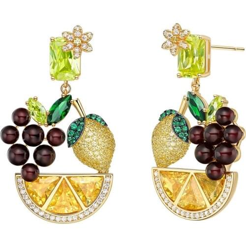 SOELLE Fashion Solid 925 Sterling Silver Mutlicolor Zircon Lemon Grape Fruit Earrings for Women Party Summer Vacation Jewelry