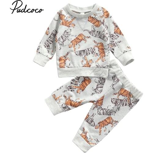 Infant Baby Boys Girls Long Sleeves Sweater + Trousers, Tiger Pattern Cartoon Print Classic Round Neck Spring Clothing