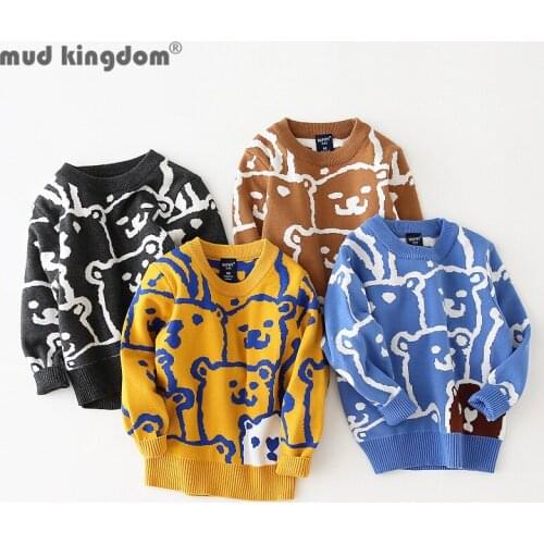 Mudkingdom Crewneck Sweater Pullover Fun Animal Pattern Boys Girls Doodle Bear Thicken Autumn and Winter Children Clothing