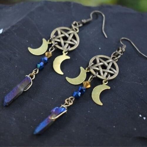 Pagan Moon Earrings,Moon Goddess Earrings,witch earrings, winter solstice, pentagram earrings,Celestial earrings