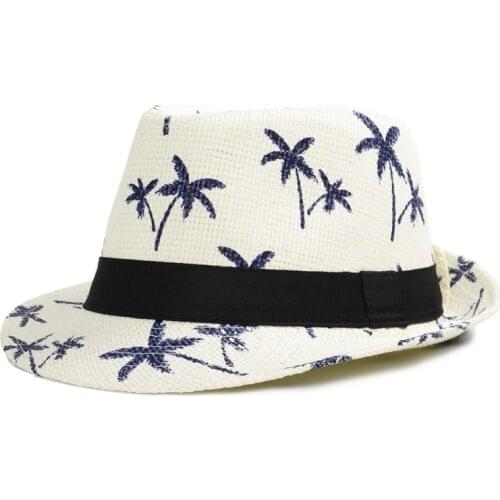 Straw Jazz Hat Adult Child Coconut Tree Pattern Summer Sea Beach Casual Sunscreen British Top Cowboy Hats Travel Vacation CP0241