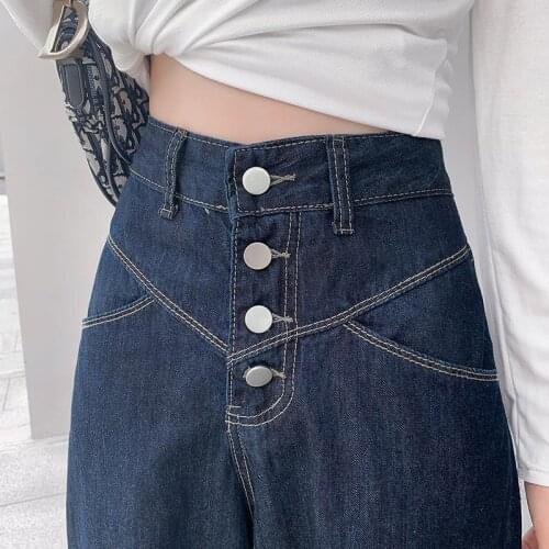 Korean Style Button High Waist Denim Wide Leg Pants Women Fashion Casual Washed Straight Leg Trousers Streetwear Jeans Female